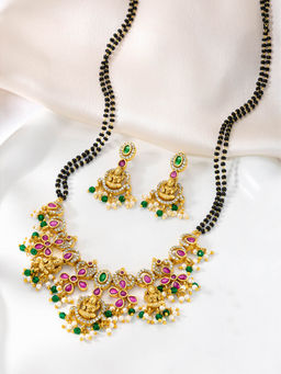 Peora - Gold Plated Cubic Zirconia and Beads Studded Mangalsutra and Earrings