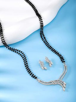 Peora - Silver Plated Cz Studded Mangalsutra and Stud Earrings