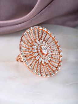 Peora - Rose Gold Plated Cubic Zirconia Studded Statement Adjustable Finger Ring