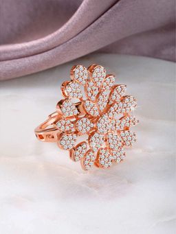 Peora - Rose Gold Plated Cz Studded Floral Statement Adjustable Finger Ring