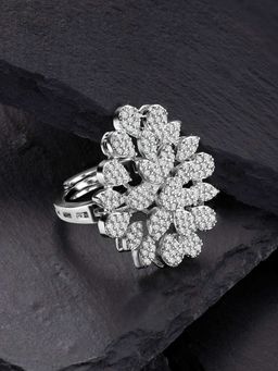 Peora - Silver Plated Cz Studded Floral Statement Adjustable Finger Ring
