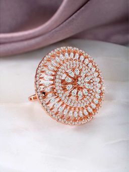 Peora - Rose Gold Plated Cz Studded Statement Adjustable Finger Ring