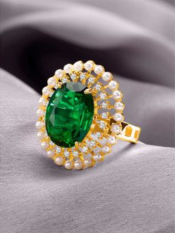 Peora - Gold Plated Cz Baby Pearl and Green Crystal Studded Adjustable Finger Ring