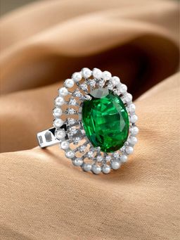 Peora - Silver Plated Cz Baby Pearl and Green Crystal Studded Adjustable Finger Ring