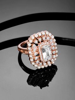 Peora - Rose Gold Plated Cz Crystal and Pearl Studded Adjustable Finger Ring