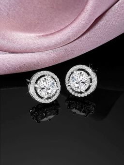 Peora - Silver Plated Cz and Crystal Studded Stylish Round Stud Earrings