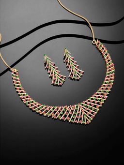 Peora - Gold Plated Red Green Cubic Zirconia Studded Necklace and Dangle Earrings