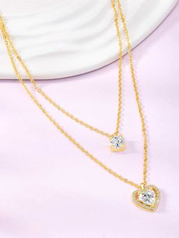 Peora - Gold Plated Cz Studded Two Layer Heart Shape Pendant Chain Necklace