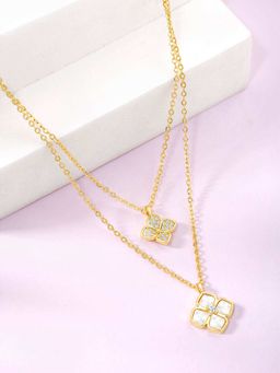 Peora - Gold Plated Cubic Zirconia Studded Two Layer Floral Pendant Chain Necklace
