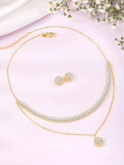 Peora - Gold Plated Baguette Stone and Cz Studded Necklace and Earrings