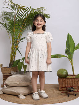 Budding Bees - Girls Cotton Micro Heart Printed Smocked Dress Beige