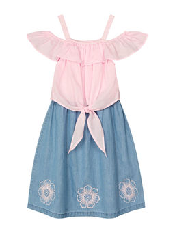 Budding Bees - Girls Denim Embroidered Flare Dress Pink and Blue