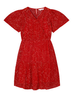 Budding Bees - Girls V Neck Polka Dot Printed Georgette Tiered Dress Red