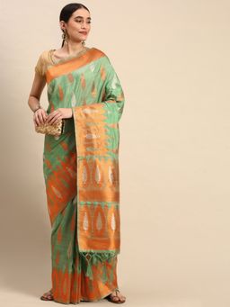 Sangam Prints - Sea Green Silk Woven Work Festival Tassel Saree with Unstitched Blouse