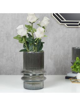 HomeTown - Phiona Glass Fluted Handcrafted Vase Medium 21 Cm in Black Colour