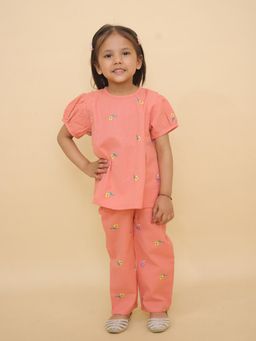 LITTLE GINNIE - Girls Peach Elegant Ethnic-Inspired Embroidered Co-ord Set