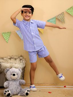 LITTLE GINNIE - Boys Blue Striped Cotton Shirt and Shorts