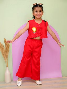LITTLE GINNIE - Girls Red Sunflower Printed Co-ord Set