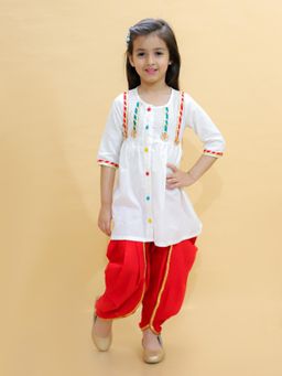 LITTLE GINNIE - Girls Gotta Patti Pure Cotton A-Line Kurti with Dhoti-White