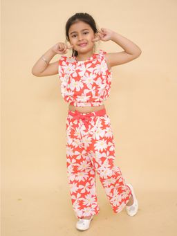 LITTLE GINNIE - Girls Red Floral Printed Crop Top and Pant with Belt