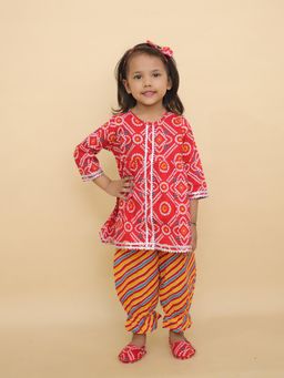 LITTLE GINNIE - Girls Red Bandhani Printed Pure cotton Kurti with Dhoti