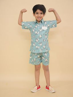 LITTLE GINNIE - Boys Blue Sheep Printed Shirt and Shorts
