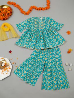 LITTLE GINNIE - Girls Fish Printed Pure Cotton Anarkali Kurti with Sharara and Dupatta