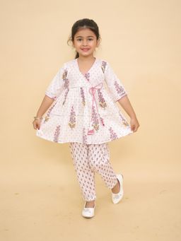LITTLE GINNIE - Girls White Floral Angrakha Kurti with Pant