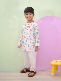 LITTLE GINNIE - Unisex Kids Printed Kurta with Pyjama-White
