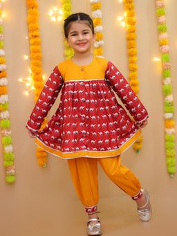 LITTLE GINNIE - Girls Maroon Camel Printed Kurta and Salwar