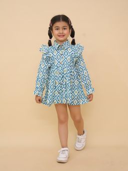 LITTLE GINNIE - Girls Printed Fit-Flare Dress-Blue