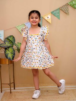 LITTLE GINNIE - Girls Floral Printed Square Neck Flutter Sleeve Chiffon Dress