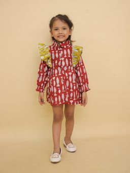 LITTLE GINNIE - Girls Printed Frills Detailed Shirt Collar Dress-Red