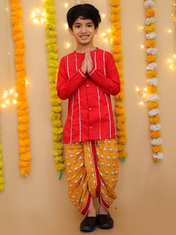 LITTLE GINNIE - Boys Maroon Kurta with Mustard Camel Printed Dhoti - Elegant Ethnic Wear