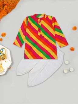 LITTLE GINNIE - Boys Striped Mandarin Collar Pure Cotton Straight Kurta with Dhoti