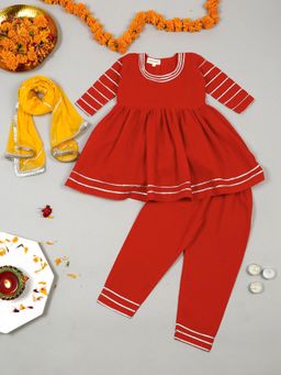 LITTLE GINNIE - Girls Red Kurta and Pant with Dupatta