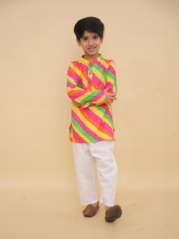 LITTLE GINNIE - Boys Striped Mandarin Collar Pure Cotton Straight Kurta with Pyjama