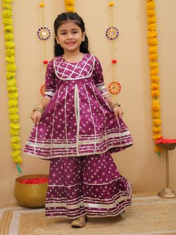 LITTLE GINNIE - Girls Purple Bandhani Gotta Patti Printed Kurti with Sharara