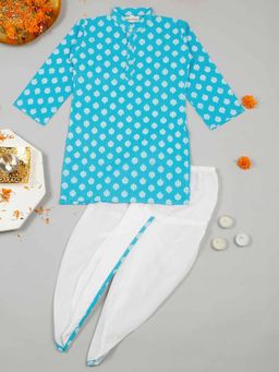 LITTLE GINNIE - Boys Light Blue Printed Kurta and Dhoti