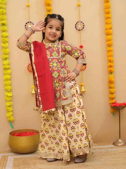 LITTLE GINNIE - Girls Yellow and Red Printed Lehenga Kurti and Lehenga with Dupatta