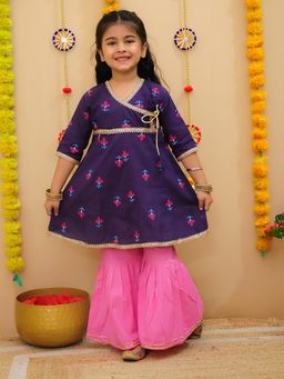 LITTLE GINNIE - Girls Floral Printed Gotta Patti Pure Cotton Purple and Pink Sharara