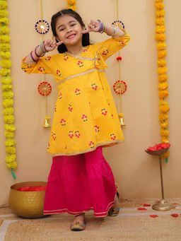 LITTLE GINNIE - Girls Floral Printed Gotta Patti Pure Cotton Yellow and Pink Sharara