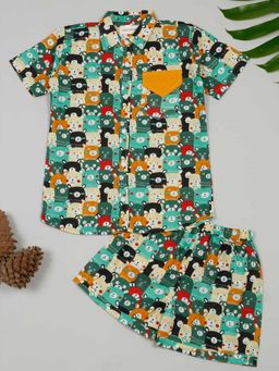 LITTLE GINNIE - Boys Printed Pure Cotton Shirt with Shorts-Multi-Color
