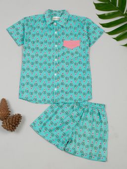LITTLE GINNIE - Boys Pure Cotton Blue Hot Air Balloon Printed Shirt and Shorts