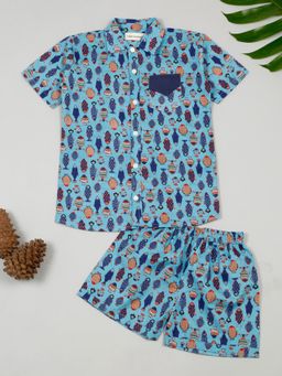 LITTLE GINNIE - Boys Pure Cotton Fish Printed Shirt and Shorts -Blue