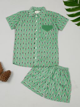 LITTLE GINNIE - Boys Pure Cotton Green Hot Air Balloon Printed Shirt and Shorts