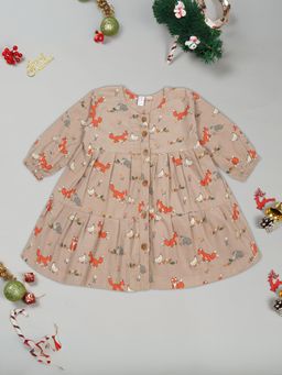 LITTLE GINNIE - Girls Printed Half Sleeve Cotton A-Line Dress-Brown