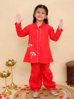 LITTLE GINNIE - Girls Red Umbrella Printed Co-Ord Set