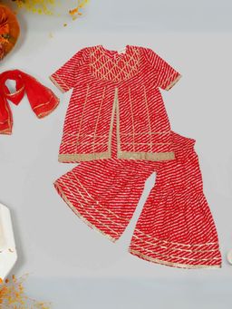 LITTLE GINNIE - Girls Leheriya Printed Pure Cotton Red Kurti with Sharara and Dupatta