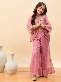 Stylo Bug - Girls Floral Crop top and Palazzo with Shrug- Pink